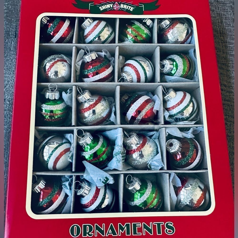Christopher Radko Shiny Brite Vintage Christmas Glitter Stripe Ornaments Set